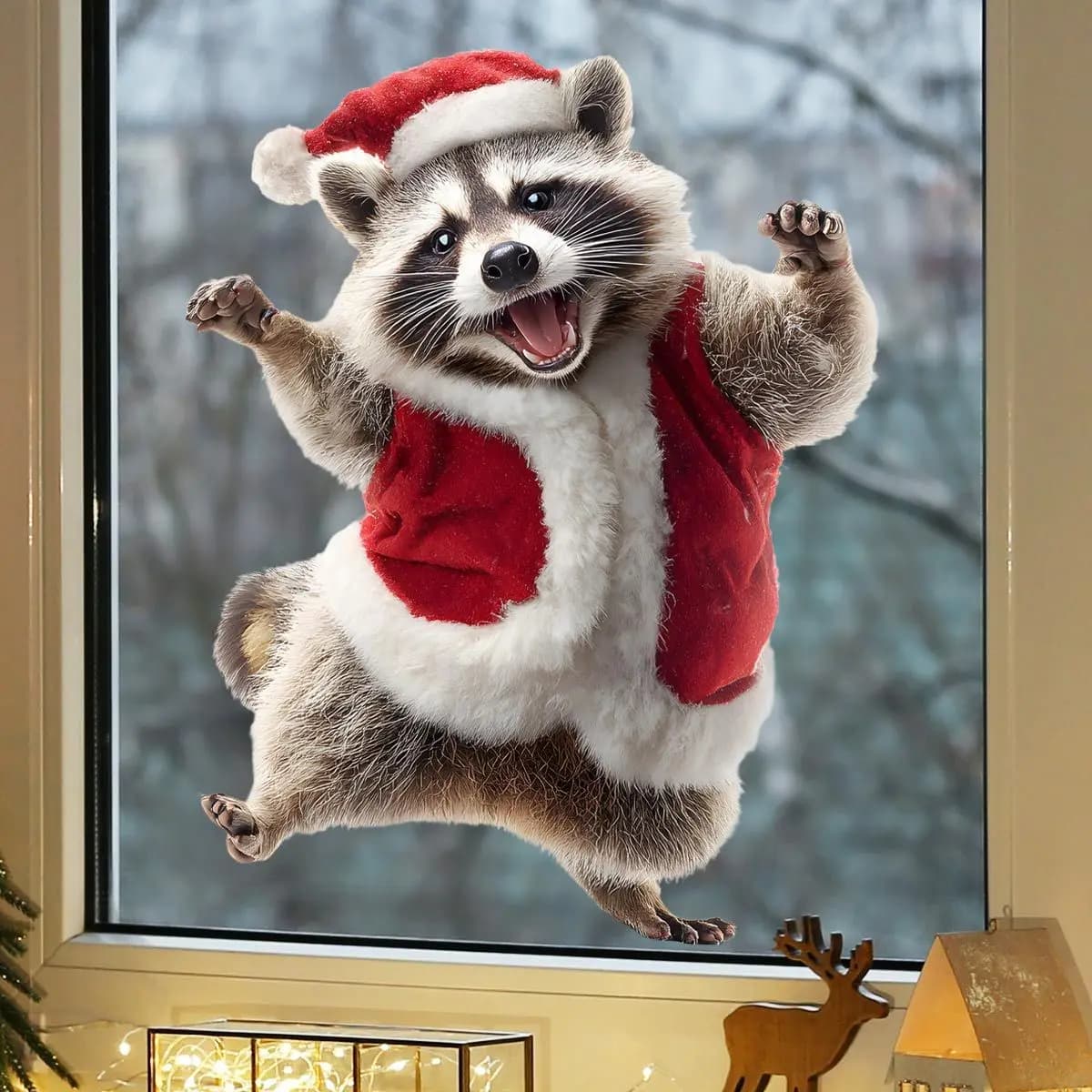 Christmas Raccoon Wall Stickers Kitchen Decoration Dining Room Living Room Cabinet Refrigerator Home Decoration Decal S1049