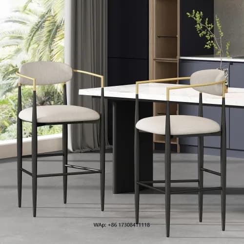 Modern hotel dining chair set 2-piece set, lightweight adjustable padded backrest, iron legs, kitchen island, beige fabric seat