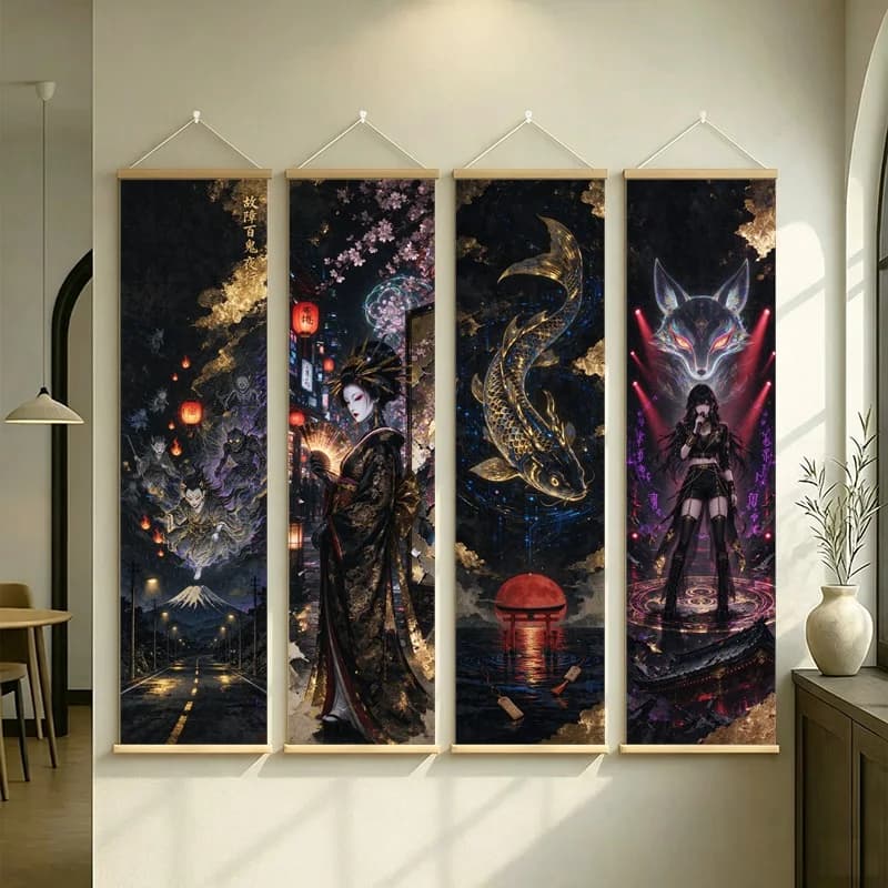 Fantasy Wall Art Dark Warriors Dragons and Fox Spirit on Silver Shimmer Canvas for a Moody Bedroom or Gaming Room Decor