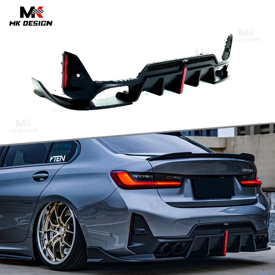 VTEN Style PP Rear Diffuser Bumper Lip for BMW 3 Series G20 G28 LCI 2023+ Gloss Black Rear Lip ABS Side Splitters Winglets