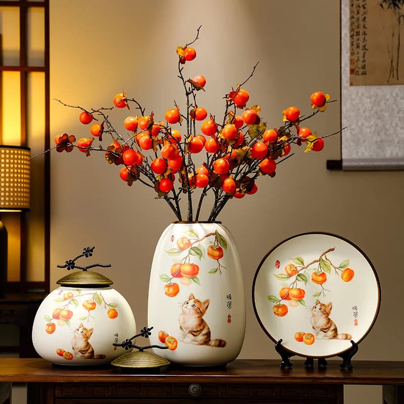Persimmon Ruyi ceramic vase ornament, living room entrance TV cabinet decoration, new Chinese antique home furnishing
