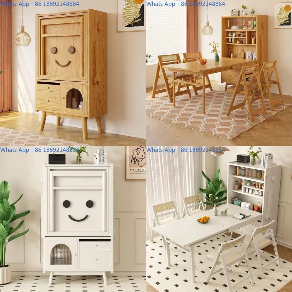Folding Dining Table with Extendable Storage Solid Wood Rectangular Table for Small Spaces Cream Sideboard Combo