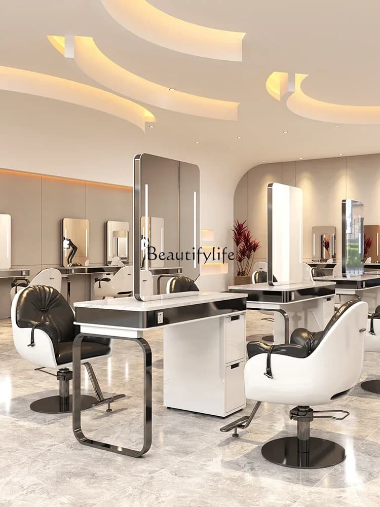 06For Hair Salon Hairdressing Mirror Integrated Marble Single-Sided High-End Hot Dyeing Table with Cabinet