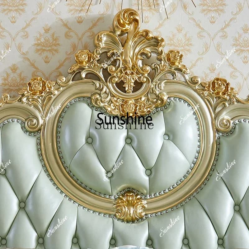 European luxury double leather solid wood master bedroom wedding bed carving simple and modernX