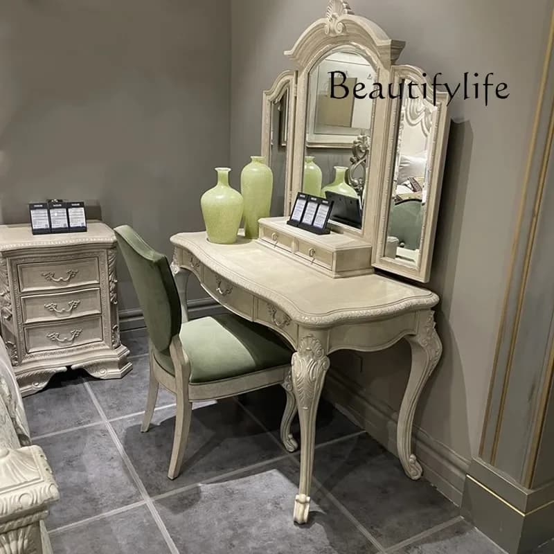 XX French Retro Solid Wood Dresser Bedroom Old Carved American Retro Style Light Luxury Makeup Table