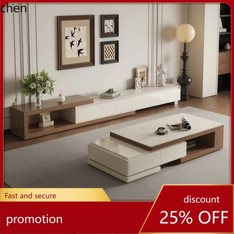 HT Vintage Style Rock Slab Coffee Table Living Room Modern Simple Extendable Coffee Table TV Cabinet Cream High-Grade Solid Wood