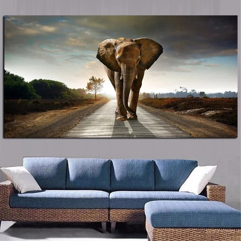 African  Elephant Animal Landscape, Print Art Canvas Poster For Living Room Decor, Home Wall Picture