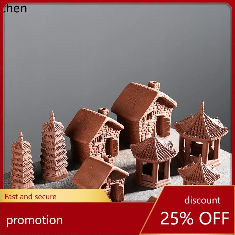 Cz bonsai ceramic purple clay small ornament thatched cottage courtyard pagoda ceramic micro landscape fish tank decoration