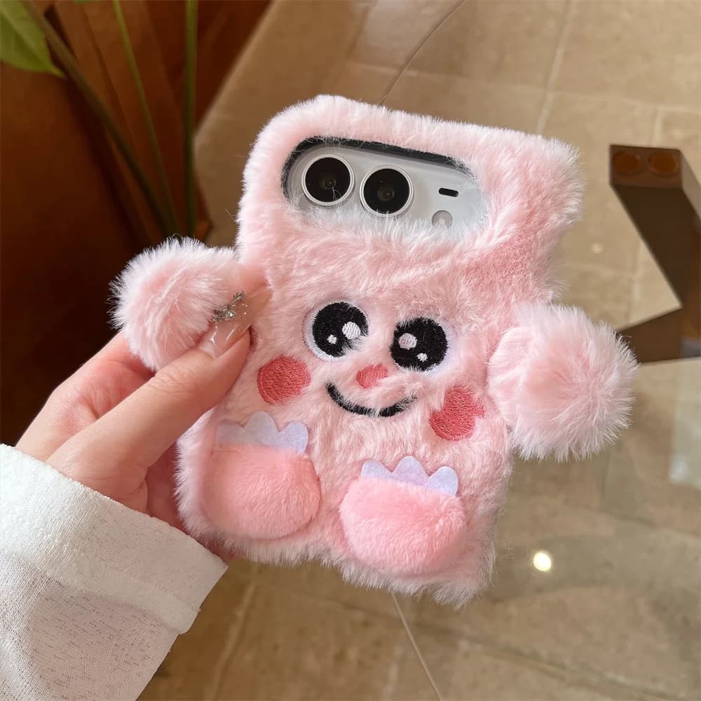 Kawaii Fluffy 3D Cartoon Monster Case For iPhone Duo Soft Furry Plush Doll Shell Funny Cute Fashion Protective Phone Shell