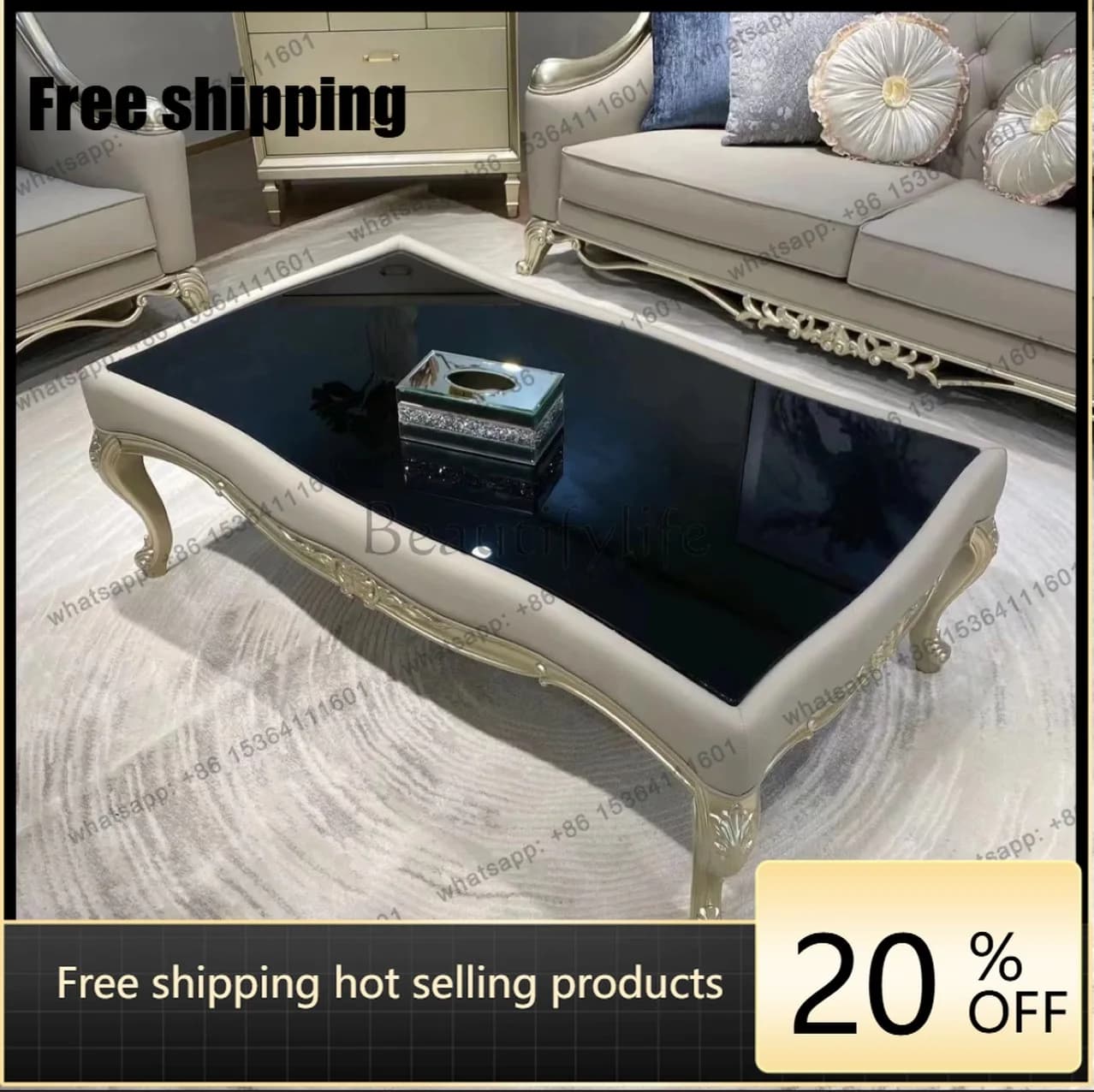 Hot Light American style light luxury solid wood long coffee table living room European carved square coffee table