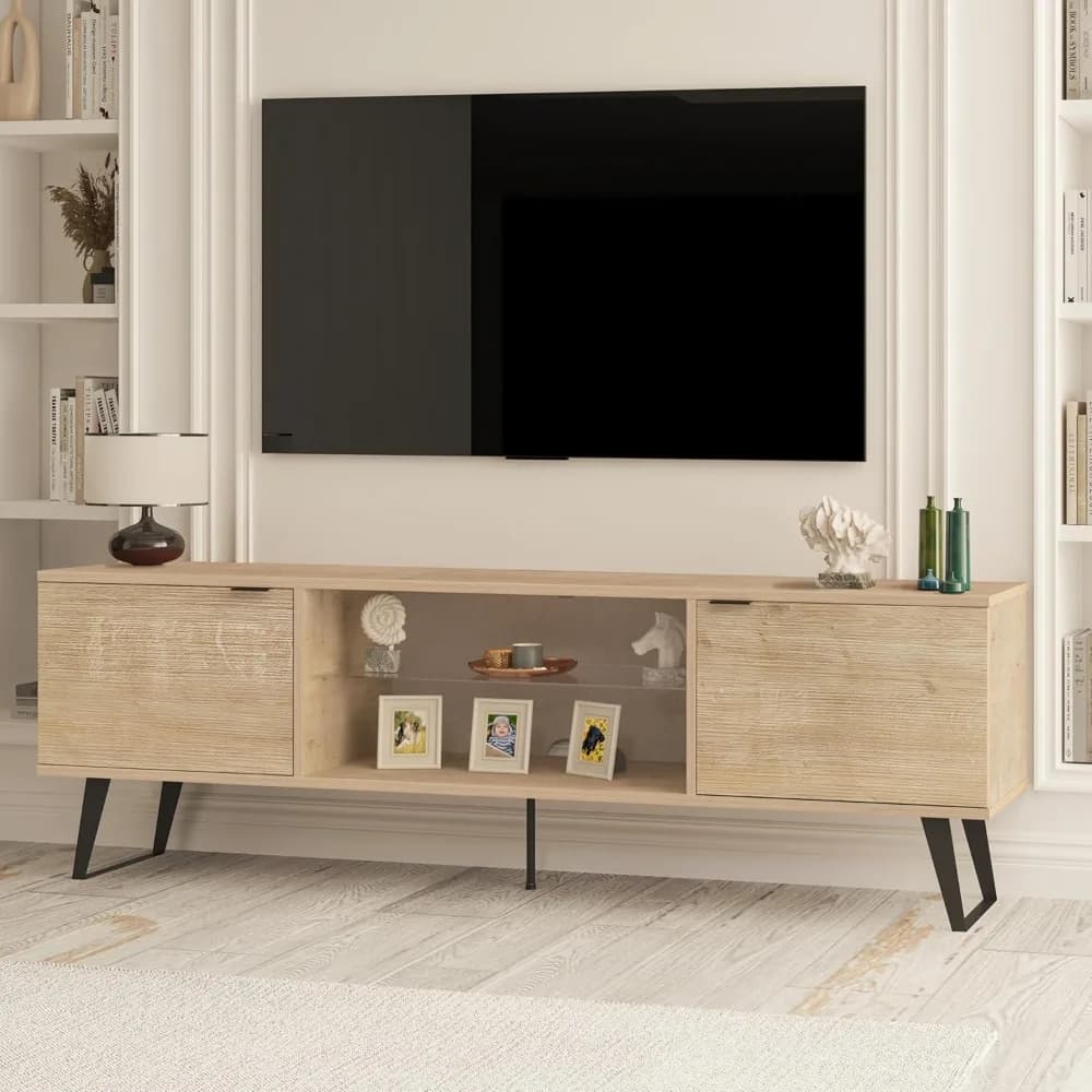 Mid Century Modern TV Stand 75 Inch, Farmhouse Entertainment Center with Storage | TV Cabinet for 75 Inch TVs