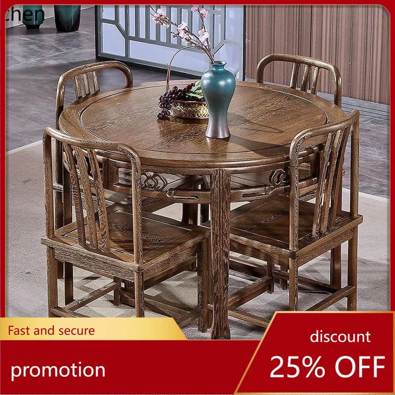 CZ Redwood Furniture Chinese Style Round Dining Table Solid Wood Tea Table Dining Table for Home Use