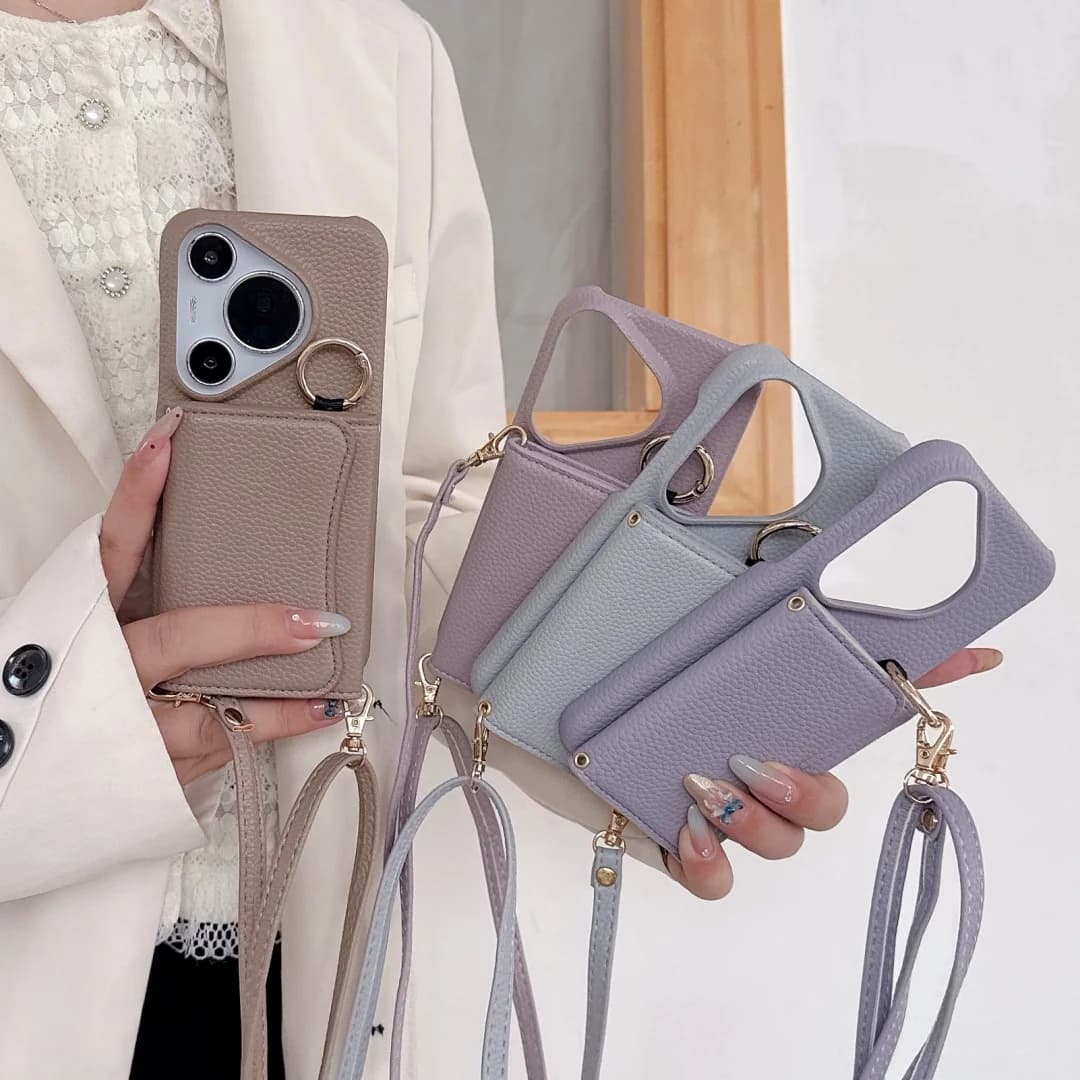 For  Huawei Pura 80 Ultra 70 Pro Case Protective Shell Back Cover Fashion Leather Skin Card Texture With Lanyard