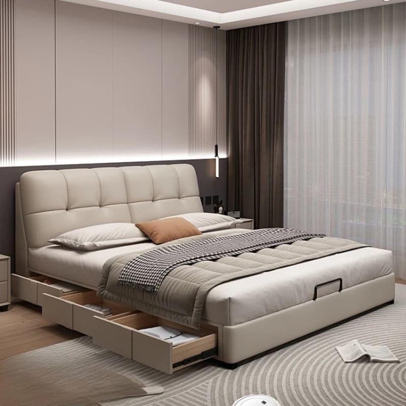 Leather Deluxe Bed Headboard Modern Home Double Bed Storage Drawers Lounge Cama De Lujo Para Dormitorio Bedroom Accessories