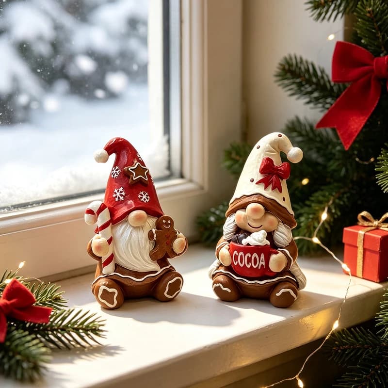 New Christmas Gingerbread Gnome Couple Resin Figurine – Home Tabletop Decor Holiday Gift Ornament