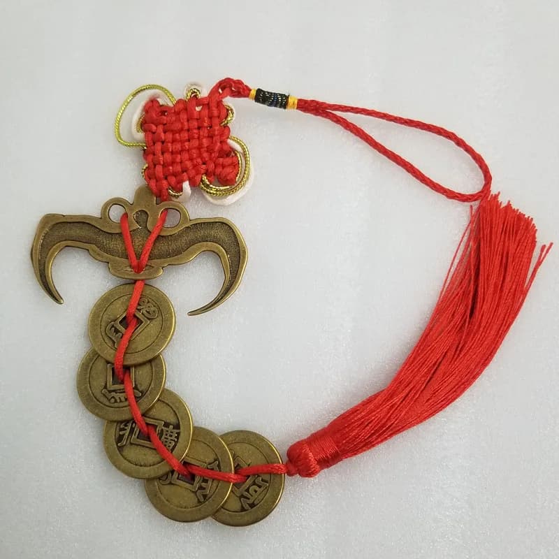 Phnom Penh Chinese Knot Five Emperors Brass Copper Coin Brass Bat, Pendant