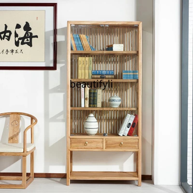 Old elm glass bookcase display cabinet New Chinese display cabinet Jewelry tea set cabinet