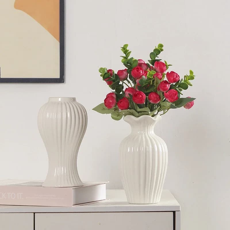 Ceramic White Vase with Ripple Design Cylindrical Shape Plant Pot Flower Vase Planter Hydroponic Ornaments Home Decoration Gift