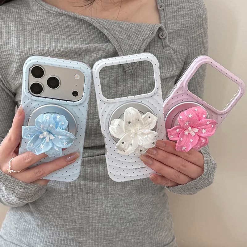 Luxury 3D Flower For Magsafe Phone Case For iPhone 13 14 15 16 17 Pro Max Cute Polka Dot Magnetic Grip Stand Holder Back Cover