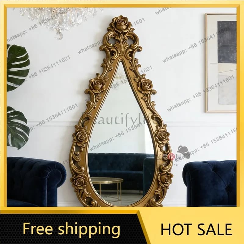 LS European retro entrance carving creative decorative mirror living room French special-shaped floor mirror