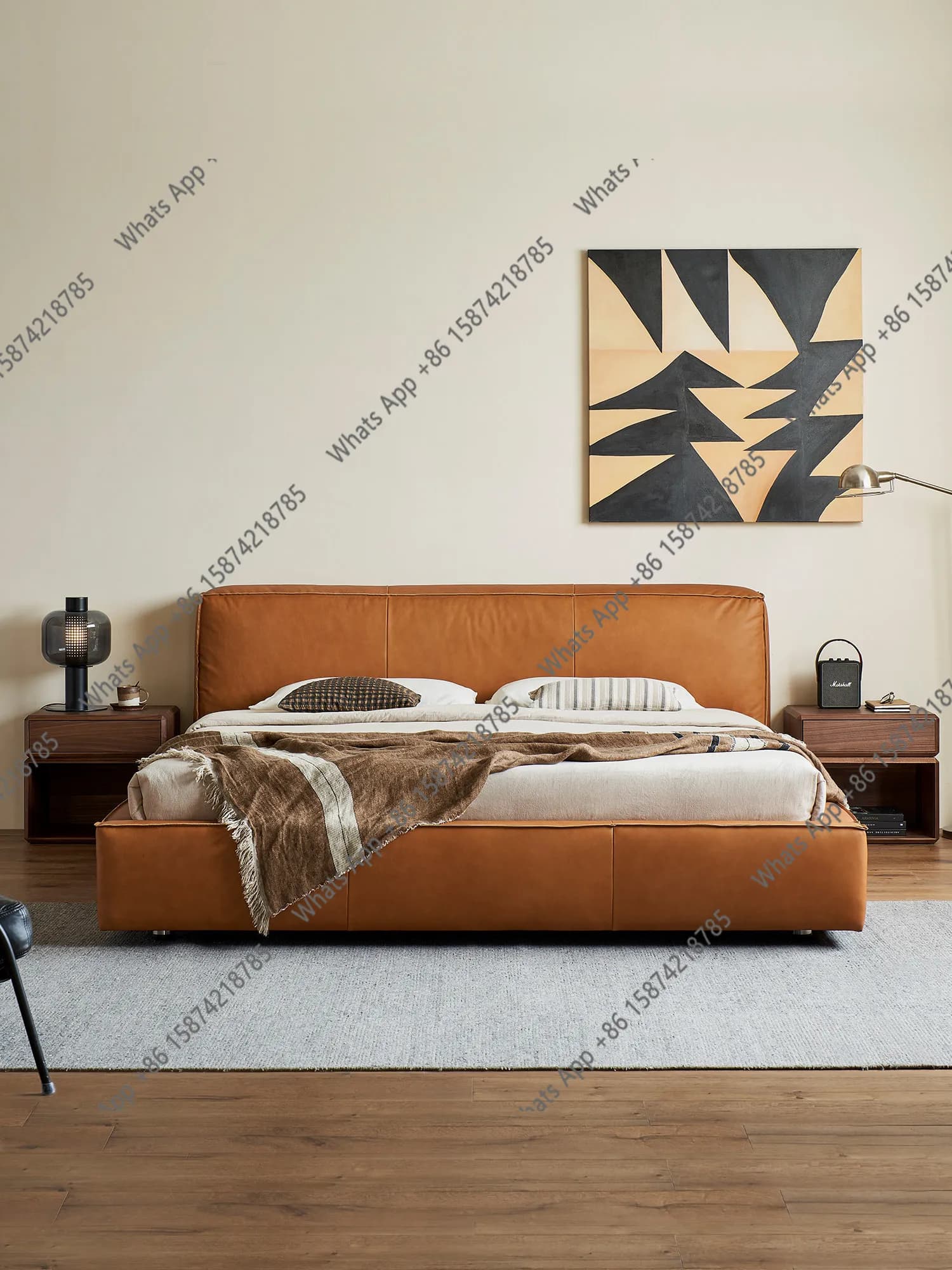 Vintage leather bed, 1.8m floor-standing double bed, Italian minimalist modern master bedroom queen bed