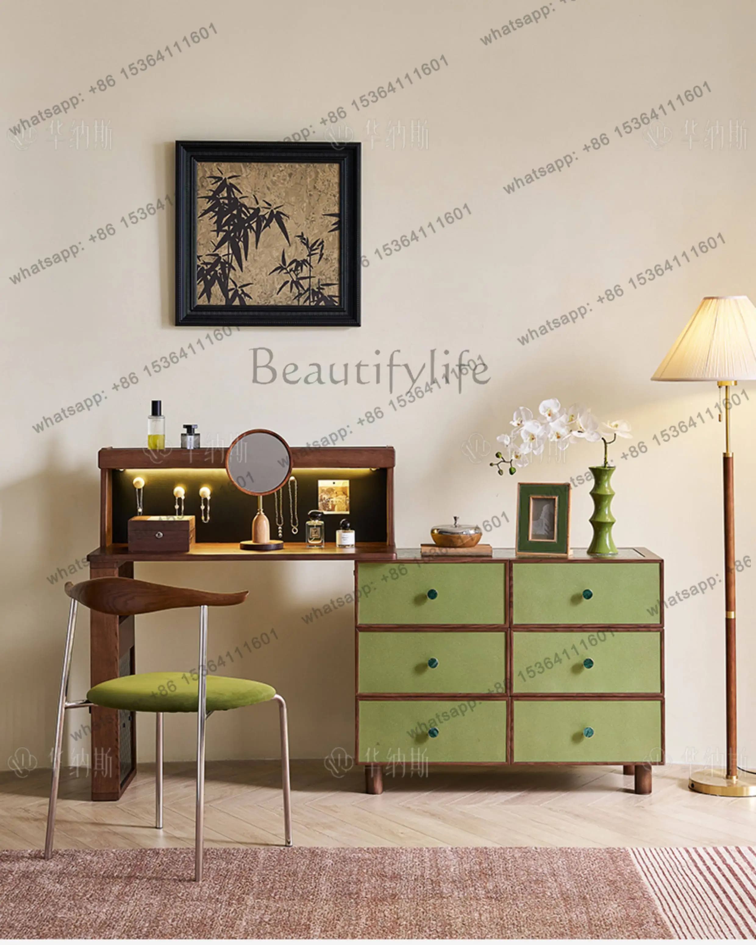Dresser chest integrated 2025 new retro solid wood antique green makeup table