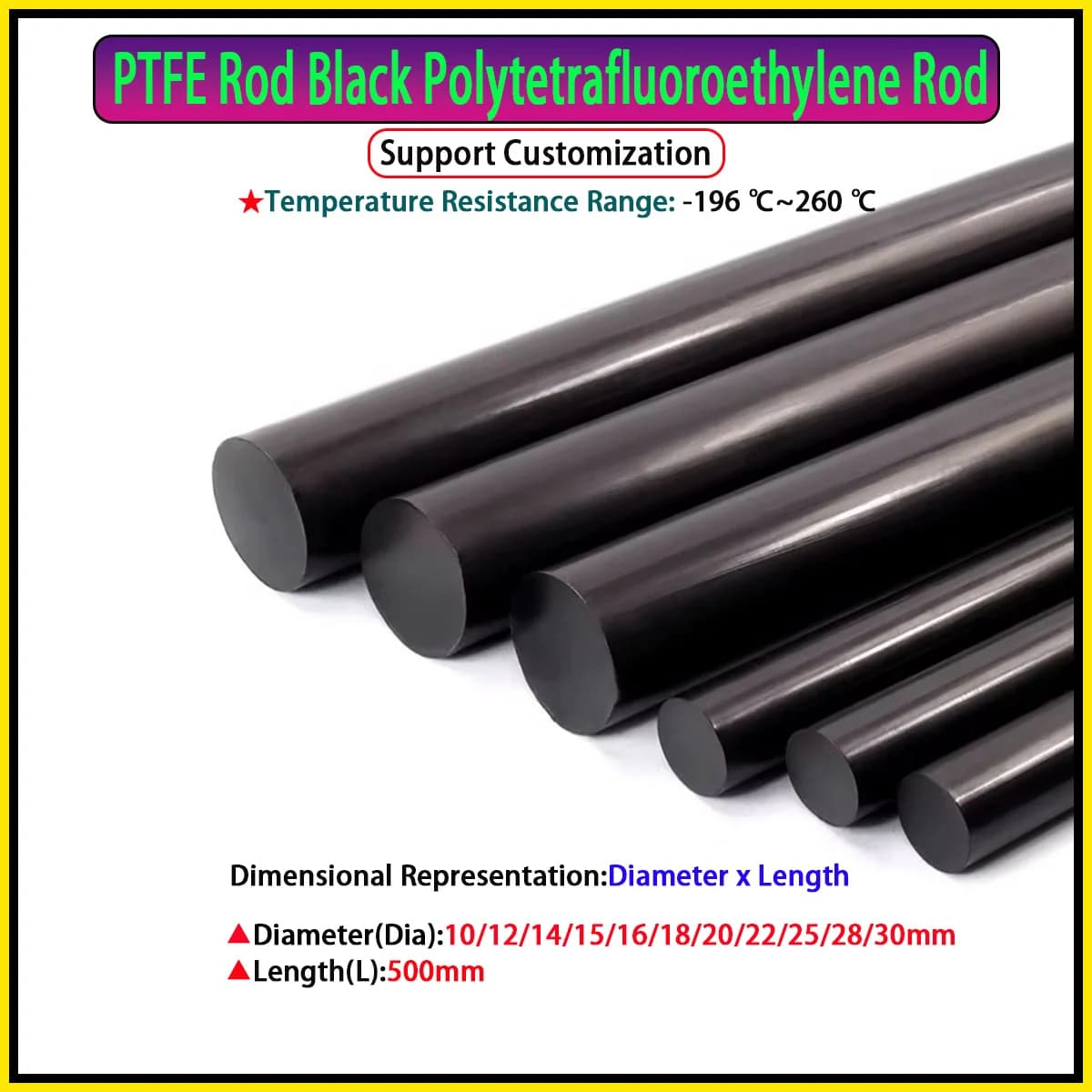 1Pcs Dia10~30mm Length 500mm PTFE Rod Black Polytetrafluoroethylene Rod Environment-friendly Non-toxic DIY PTFE Plastic Rod