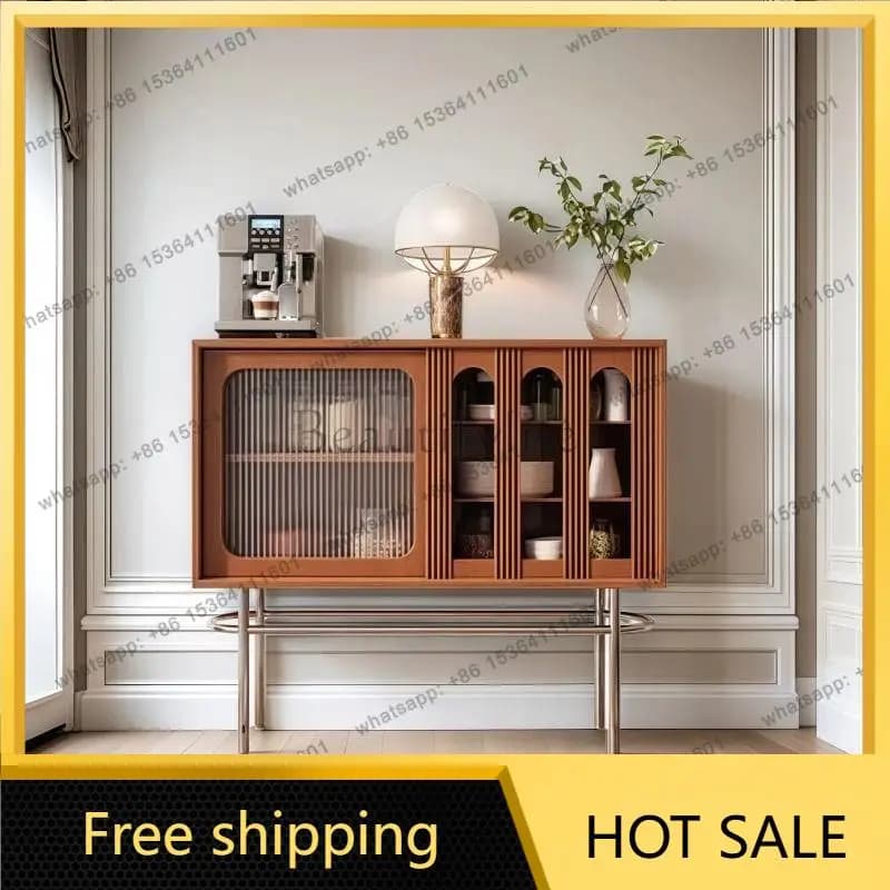 FG wabi-sandy wind solid wood dining side cabinet, antique glass storage cabinet in the living room, simple