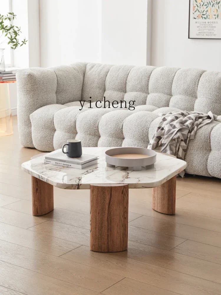 TQH6.12  Terrazzo Coffee Table Solid Wood Black Walnut Small Apartment Designer Special-Shaped Marble round Tea Table