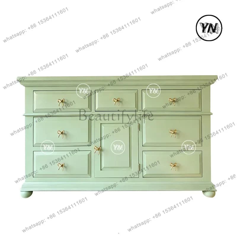 Retro solid wood green bucket cabinet, wabi-sabi wind carved storage, solid wood bucket cabinet