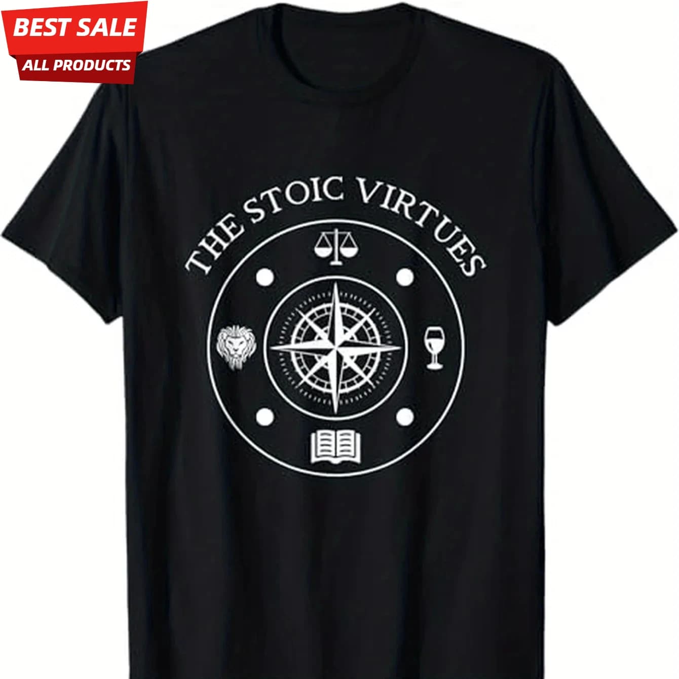 Stoic Virtues-Marcus Aurelius & Seneca Philosophy-Ancient Roman Stoic Compass Design-100% Cotton O-neck Printed Men's T-shirt.
