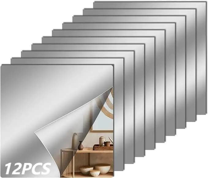 12 Pcs Flexible Mirror Sheets Stickers, Non Glass Safety Reflective Mirror, 12 x 12 in Self Adhesive Square Cuttable Mirror Wall