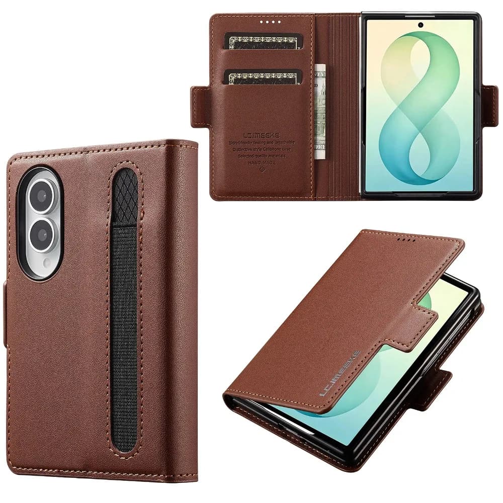 Solid Color Leather Built-in Cash & Card Slots Magnetic Flip Cover for Samsung Galaxy Z Fold 8 Ultra 7 6 with Back Pen Slot