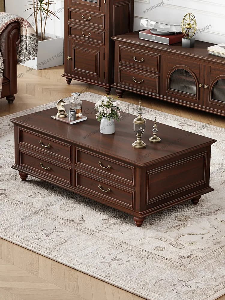 American all-solid wood coffee table retro rectangular small apartment with drawers simple tea table