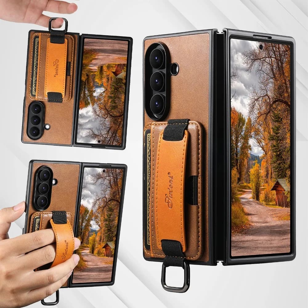 Back Wrist Strap Ring Flip Phone Cover for Samsung Galaxy Z Fold7/Z Fold6/Z Fold5 with Wallet Card Case Slots