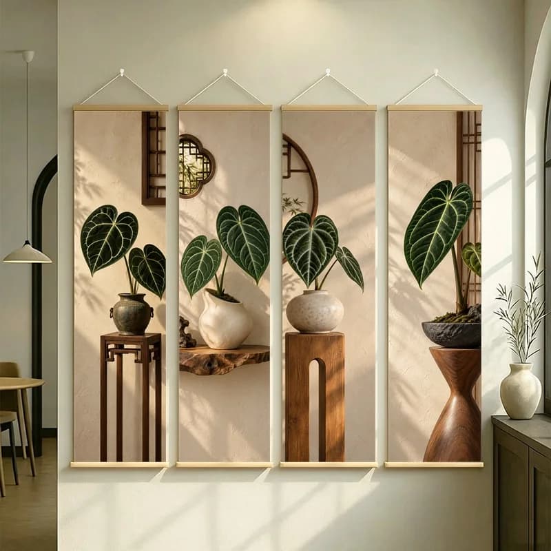 Wall Art Magnificent Anthurium and Veined Anthurium, Calm Wabi-Sabi Silver Shimmer Canvas Hanging Scroll for Reading Nook