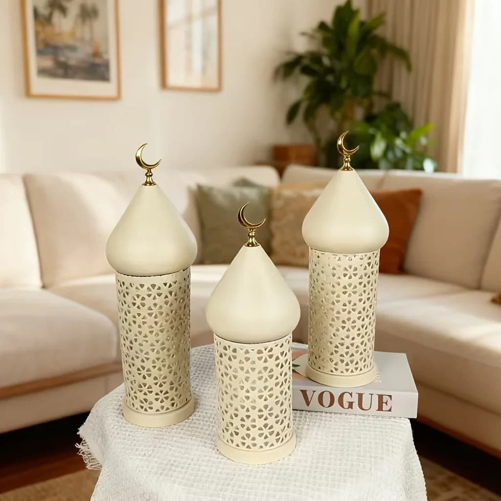 Ramadan Kareem Lantern Set White Moroccan Style Metal Hollow with Golden Crescent Moon  Mubarak Home Tabletop Festival Decor