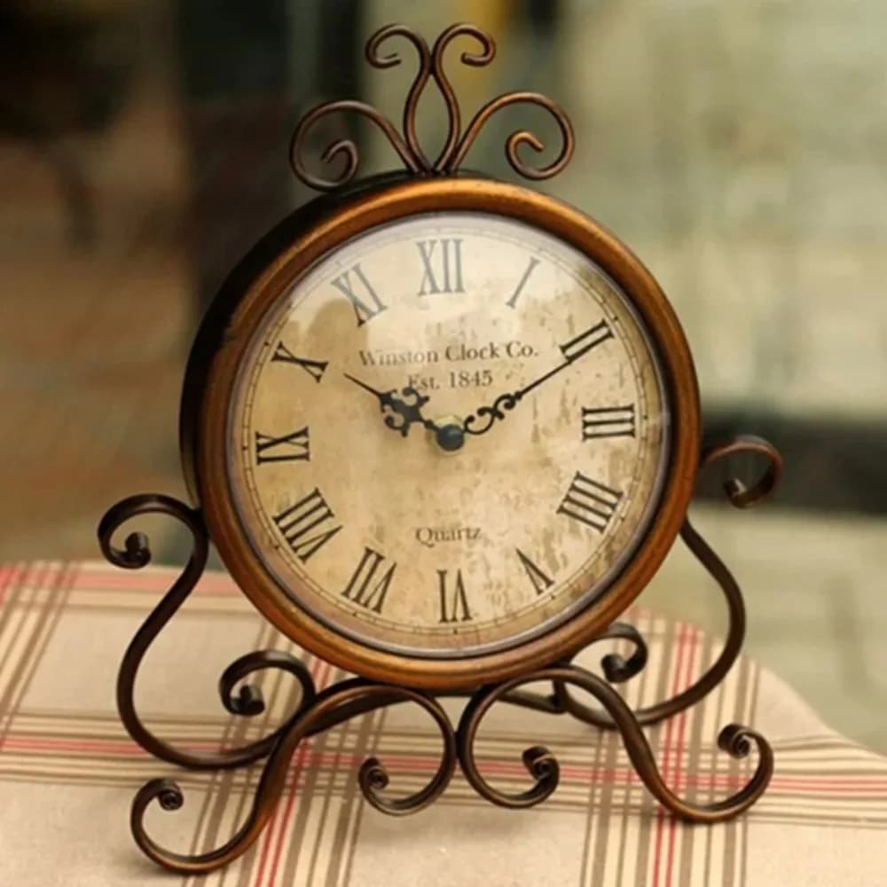 Vintage Retro Clock Iron Ornament Battery Operated Silent Table Alarm Clock Home Bedroom Living Room Office Decor Best Gift