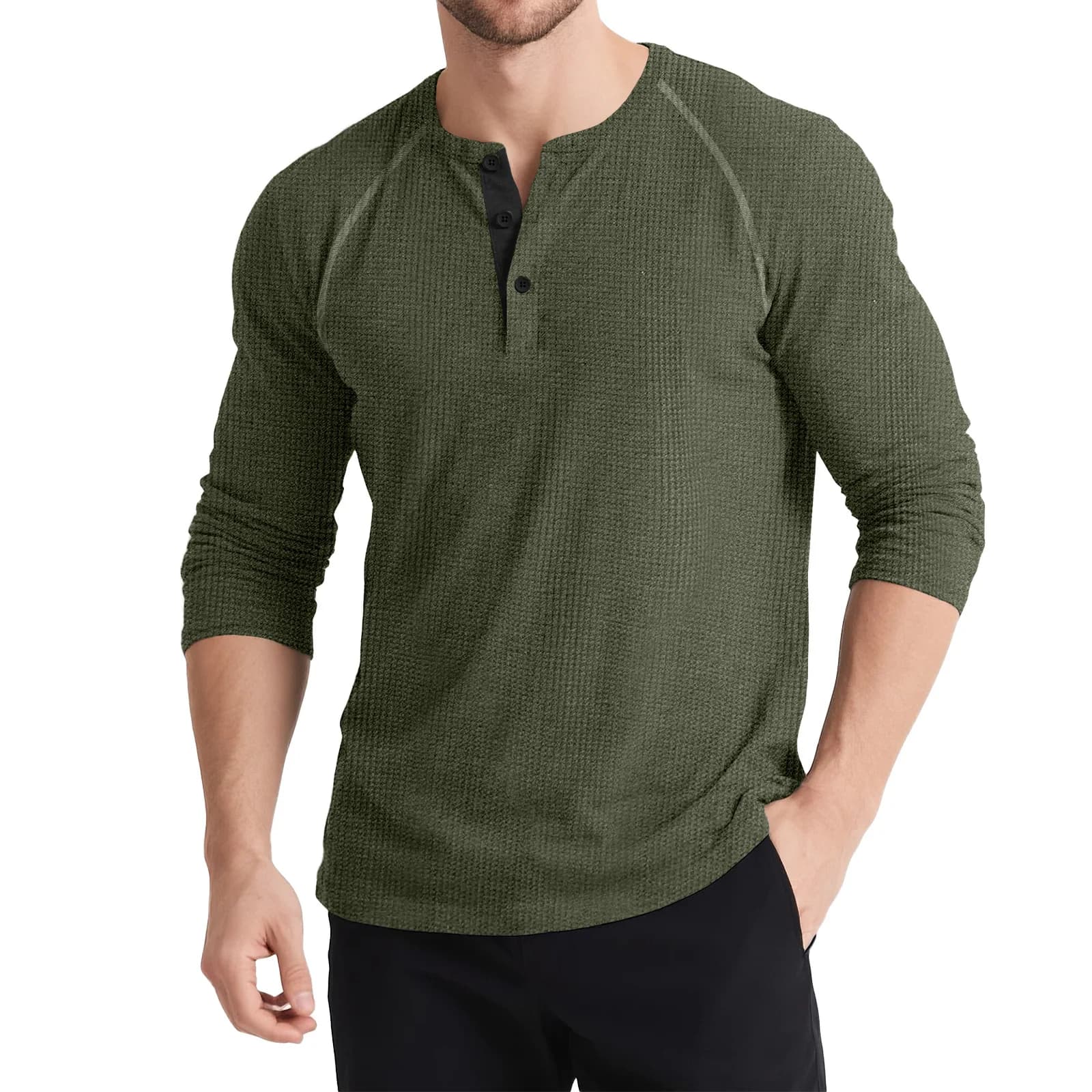 Spring and autumn long-sleeved stretchy Henry shirts, men's retro t-shirts with three buttons and color-blocking sports knitwear
