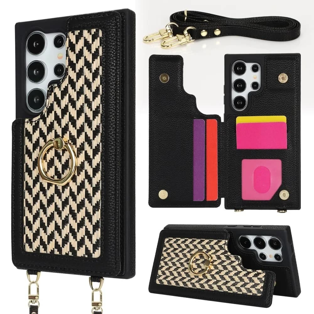 Back Magnetic Wallet Card Slots Phone Cover for Samsung Galaxy S22 S23 S24 S25 A14 A15 A16 A35 A36 A55 A56 with Shoulder Strap