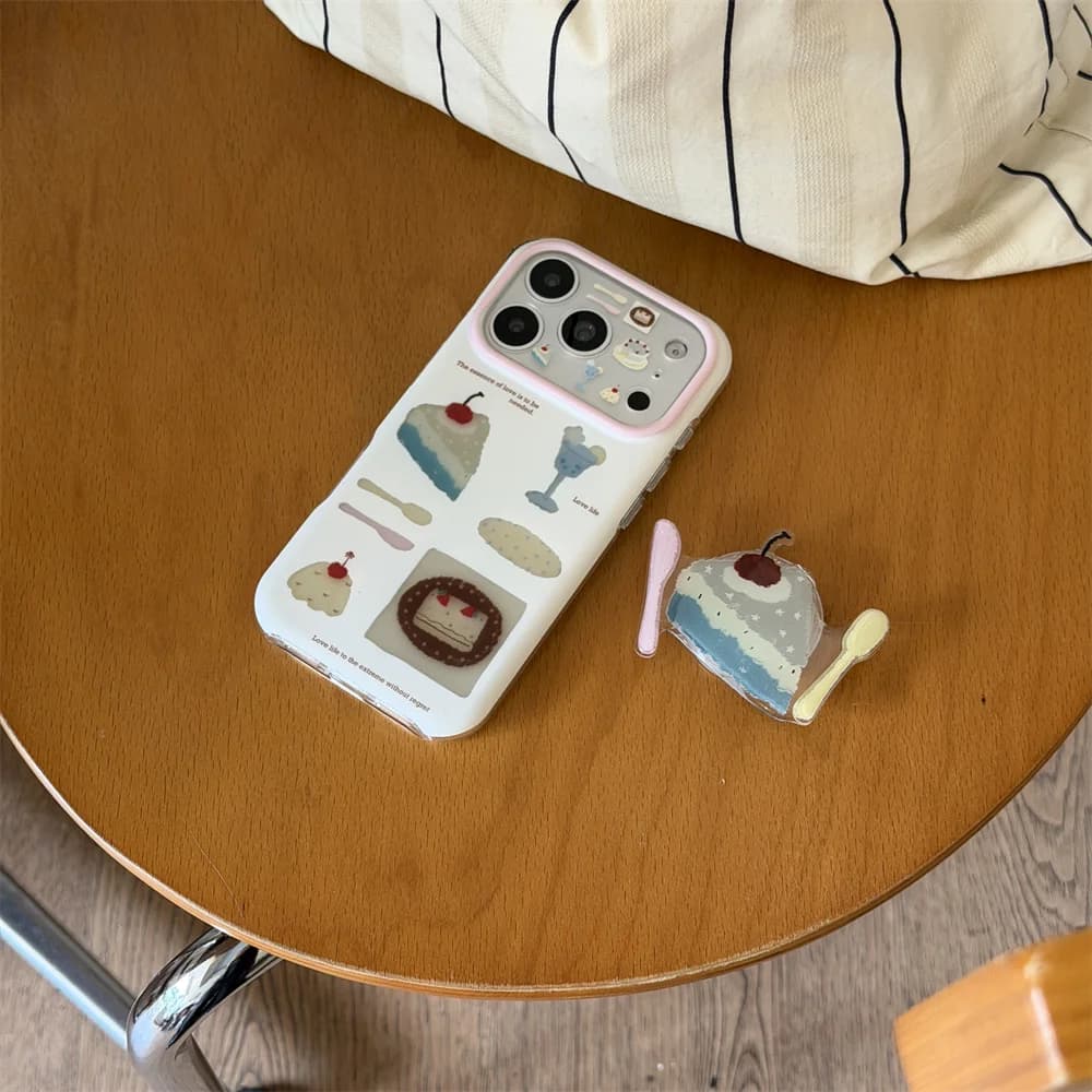 Kawaii Sweet Cake Phone Case For iPhone 15 16 17 Pro Max Vintage Dessert Print Shell Cake Grip Holder Protective Cover Women
