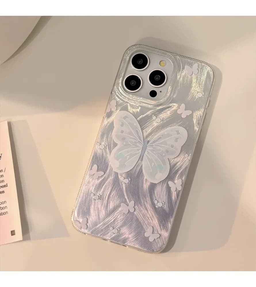 Feather Texture Pink Butterfly 3D Stand Phone Case For iPhone 12 13 14 15 16 17 Iridescent Dreamy Transparent Hard Cover