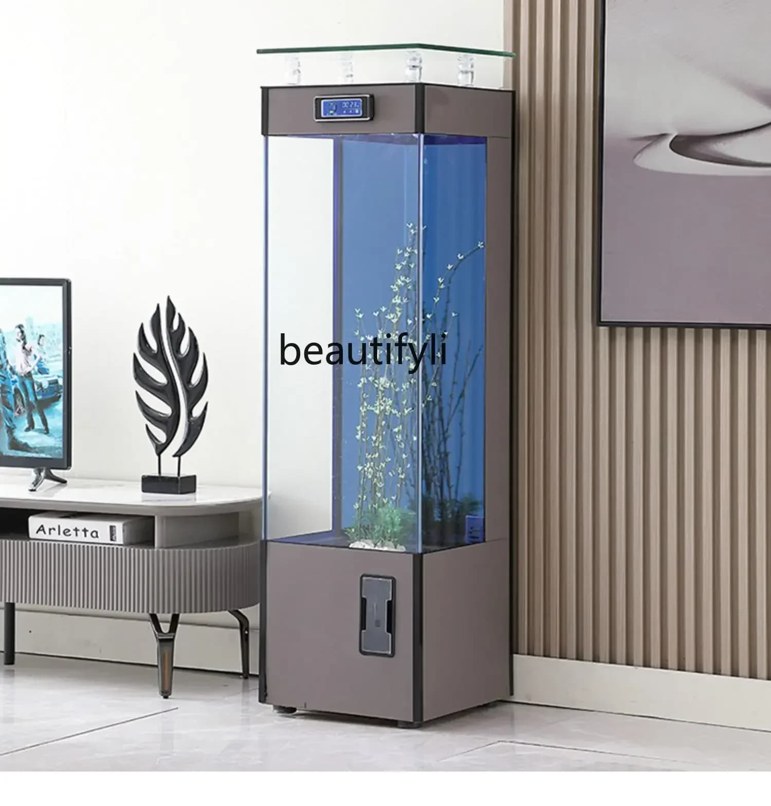 Super White Glass Fish Tank Living Room Home Small Floor Vertical Fish Globe Aquarium beside TV Cabinet