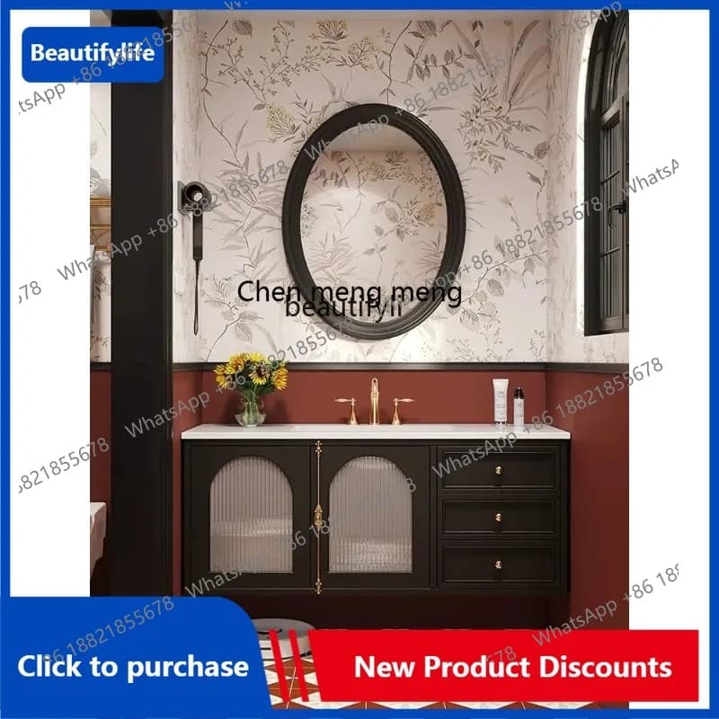 C85 French Retro Affordable Luxury Solid Wood Bathroom Cabinet Combination Oak Integrated Ceramic Basin Bathroom Table