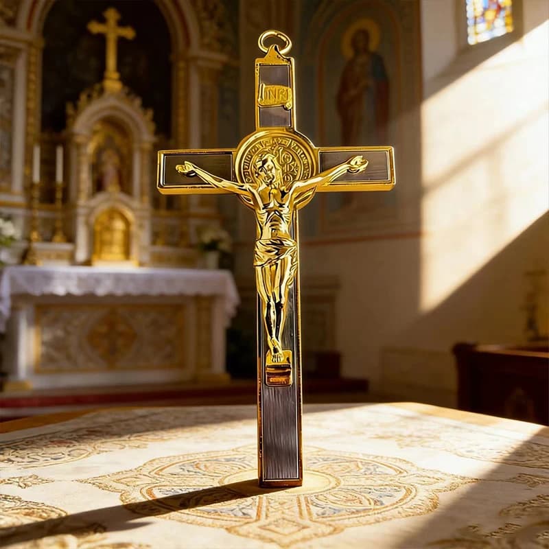 New 2026 Two-Tone Gold and Silver Plated Catholic St Benedict Crucifix with INRI Engraving for Wall Decor and Spiritual Devotion