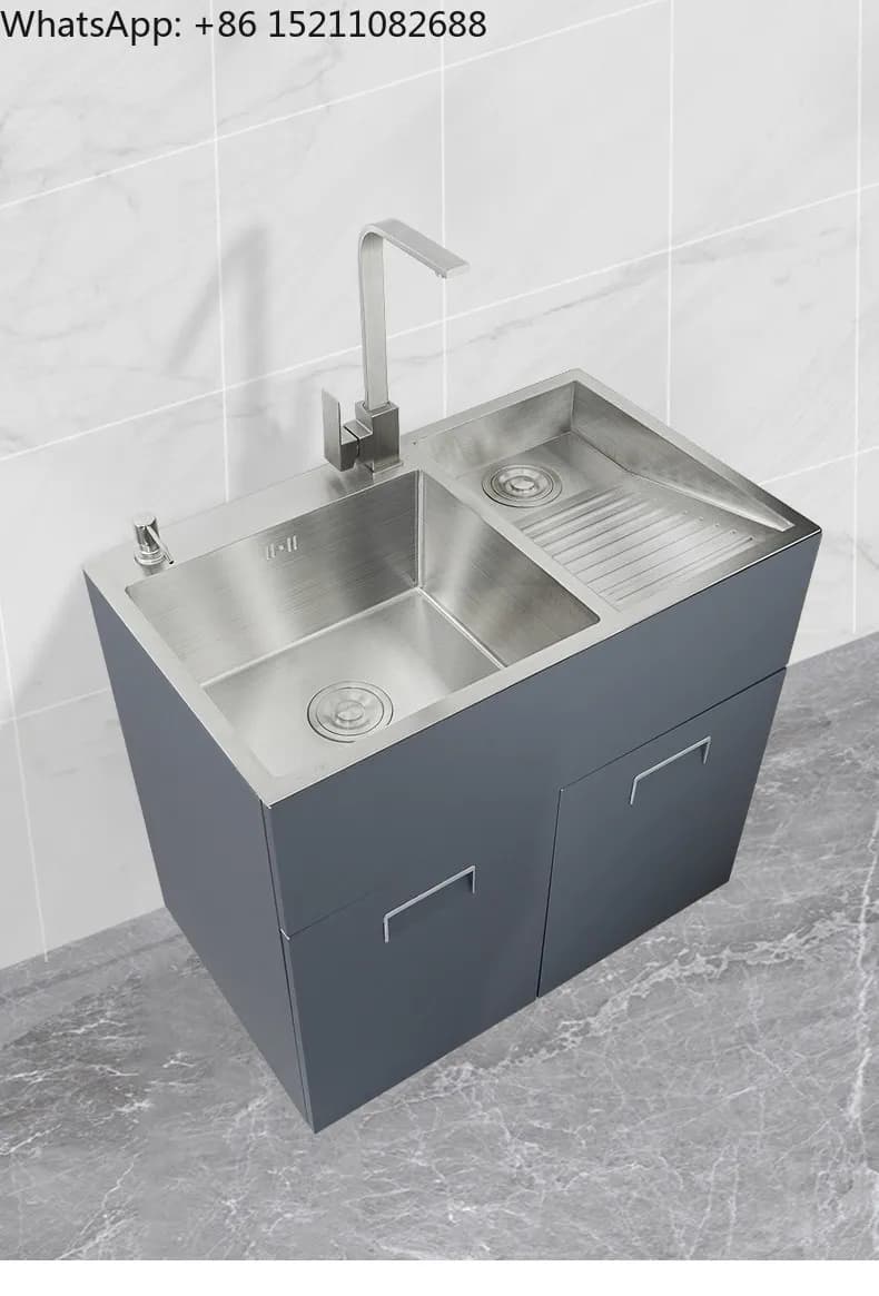 XMH Laundry Sink Integrated Cabinet Household 304 Stainless Steel Handmade Double Slot with Washboard
