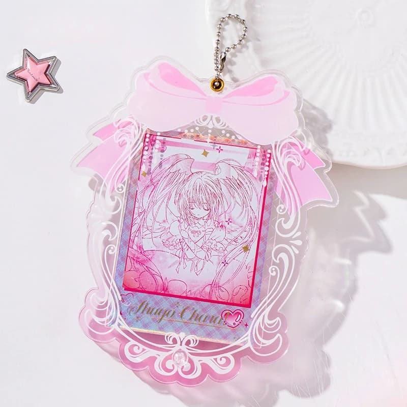 Ribbon Fairy Tale Series Acrylic Photocard Frame Charm, 3.5 Inch Pastel Bow Mini Card Storage Holder, Kawaii Anime Bag Decor
