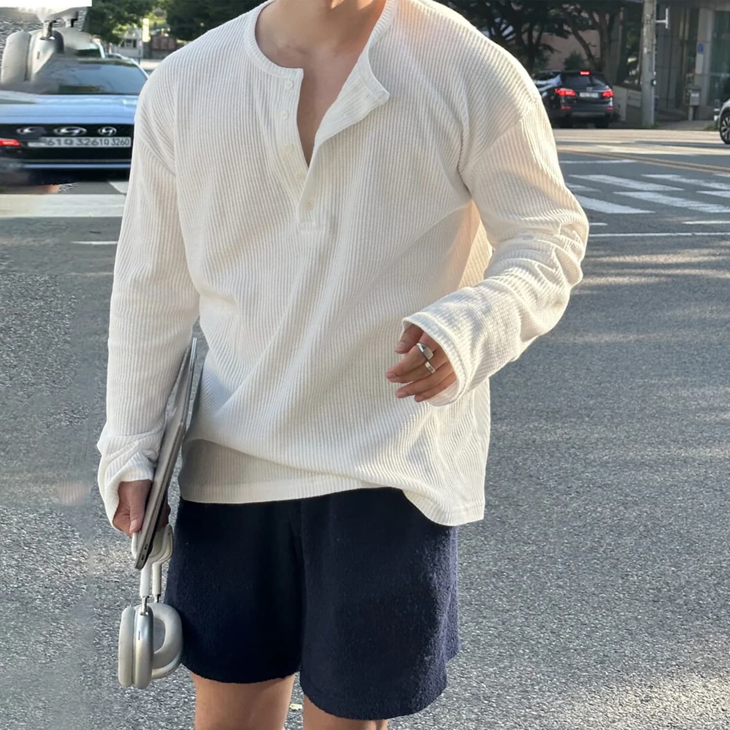 Waffle Henry Collar Long-sleeved T-shirt Men's 2026 Spring and Summer New Casual Versatile Loose Top
