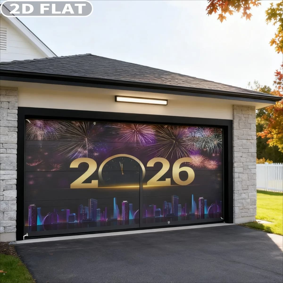 1pc 6x13ft New Year 2026 Garage 2D FLAT Door Banner Decor, Large Polyester Beautiful Gold Garage Door Cover Banner, NYE Backdrop