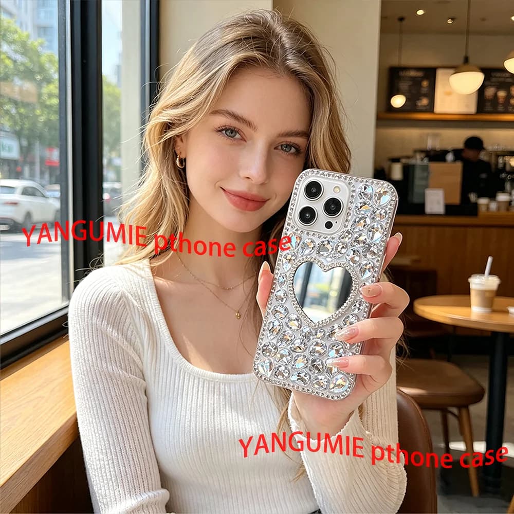 For Full range of 11-17 rhinestone love mirror iPhone15Promax phone case Apple 16/17plus simple anti-fall soft